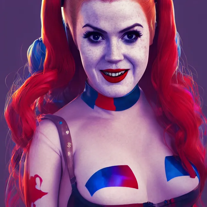 Prompt: portrait of Isla Fisher as harley quinn. intricate abstract. intricate artwork. by Tooth Wu, wlop, beeple, dan mumford. octane render, trending on artstation, greg rutkowski very coherent symmetrical artwork. cinematic, hyper realism, high detail, octane render, 8k, iridescent accents