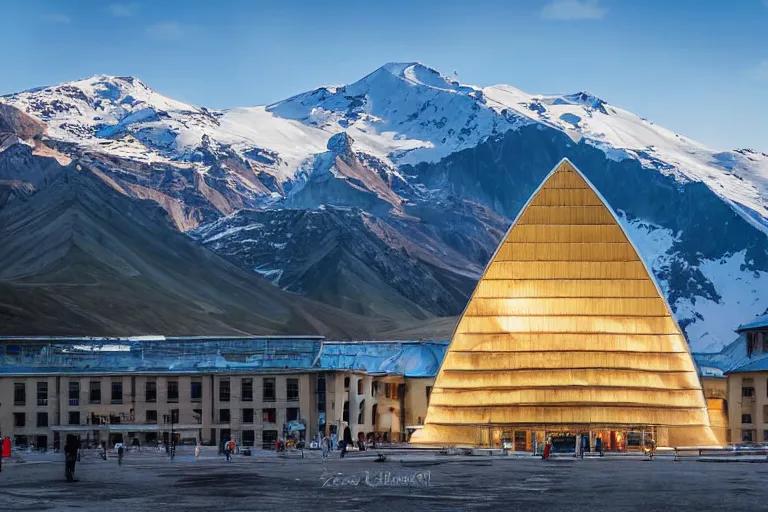 Prompt: architecture photo modern fachwerk giant opera building settlement with Elbrus mountain on the background, architecture, photorealism 8k , shining and happy atmosphere, uplight, high details