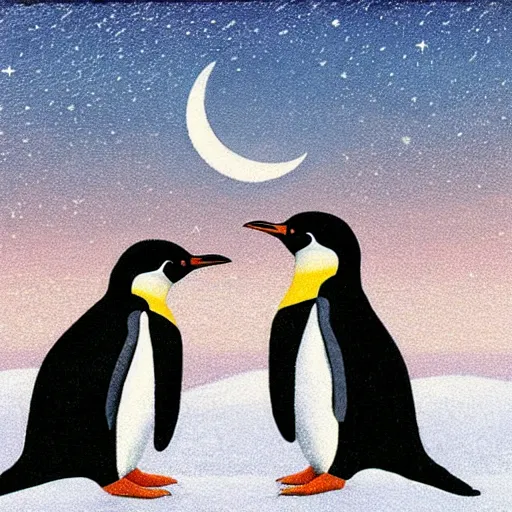 Prompt: Two penguins look at another penguin in the distance, moon, grassland, starry sky, sea ,artwork by Quint Buchholz .