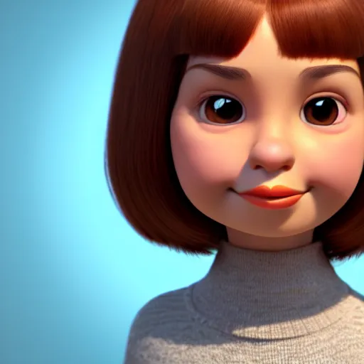 Image similar to A portrait of a round face woman, a cute 3d cgi toon woman with brown hair in a Bob, brown eyes, full face, olive skin, romanian heritage, medium shot, mid-shot, hyperdetailed, 8k, trending on artstation, as a Pixar character