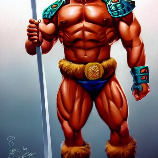 Prompt: Arnold Schwarzenegger as He-man, holding sword, digital art, artstation, masterpiece, award-winning, hyperrealistic