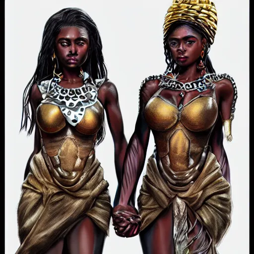 Image similar to beautiful Zulu goddesses holding hands, focused, worried, highly detailed, artstation, concept art, sharp, illustration, art by artgerm and beeply