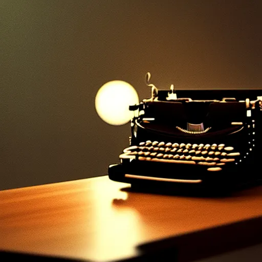 Image similar to painting of a typewriter on a desk in a dimly lit room, volumetric lighting, style of greg rutkowski