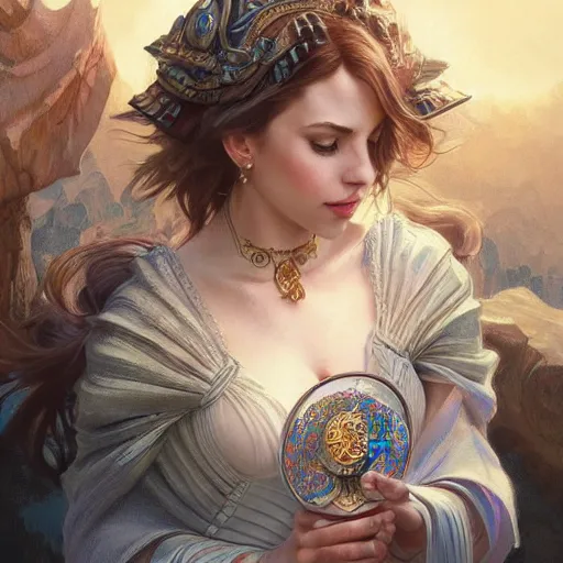 Image similar to ultra realistic illustration, lexi belle wearing amulet of power, intricate, elegant, highly detailed, digital painting, artstation, concept art, smooth, sharp focus, illustration, art by artgerm and greg rutkowski and alphonse mucha