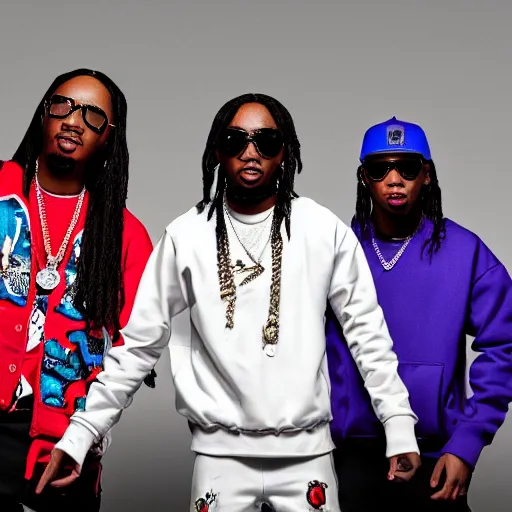 Image similar to funko pop of rap group migos members quavo, offset and takeoff, product shot, macro, hyper realistic, octane render, unreal engine, 4 k, 8 k