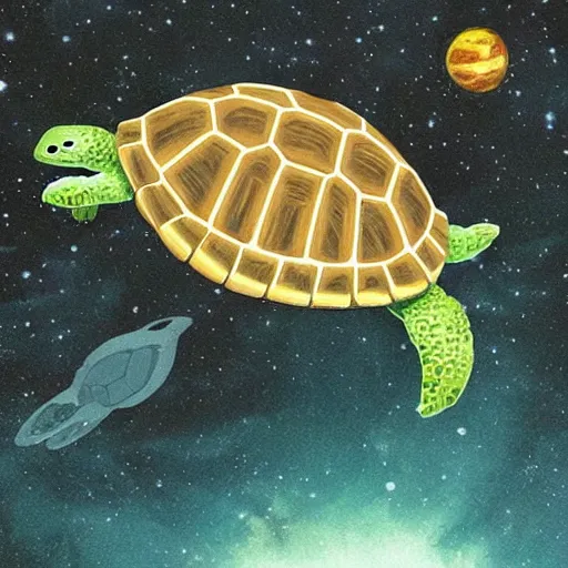 Prompt: turtle floating through space with a castle on it's back shell, Chris Pratt, comic