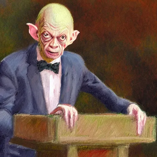 Image similar to impressionist painting of president gollum giving a speech