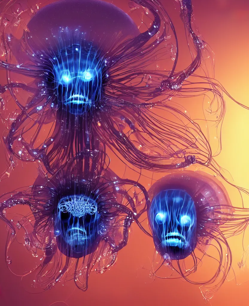 Image similar to close-up portrait of the face of a beautiful princess in a twisted flowers jellyfish mask in a spaceman suit surrounded by energy flow, epic angle and pose, symmetrical artwork, 3d with depth of field, blurred background, floating jellyfish skull phoenix bird, translucent, nautilus, energy flows of water and fire. a highly detailed epic cinematic concept art CG render. made in Maya, Blender and Photoshop, octane render, excellent composition, cinematic dystopian brutalist atmosphere, dynamic dramatic cinematic lighting, aesthetic, very inspirational, arthouse. y Greg Rutkowski, Ilya Kuvshinov, WLOP, Stanley Artgerm Lau, Ruan Jia and Fenghua Zhong