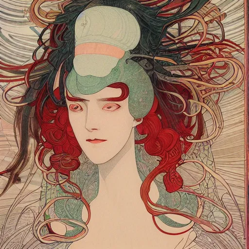 Prompt: detailed closeup of futuristic beautiful crazy old man scientist witch with robotic eyes and curly blue tinted hair and red merlin hat, in styke of Mucha, Yasunari Ikenaga, Yamato, Macross