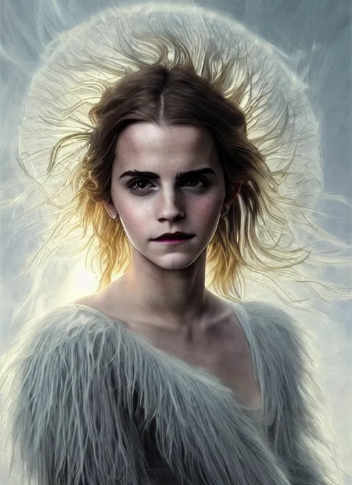 Image similar to Portrait of Emma Watson, white glowing eyes, silver shaggy hair, cloak, ethereal wings, male, fantasy, extremely detailed, digital painting, artstation, concept art, smooth, sharp focus, illustration, stunning lighting, art by artgerm and greg rutkowski and alphonse mucha and simon stalenhag, realistic character concept, high fantasy, light atmosphere, golden ratio, cinematic lighting, hyperdetailed, high resolution, insanely detailed and intricate, artstation, Marc Simonetti, Greg Rutkowski, 8k