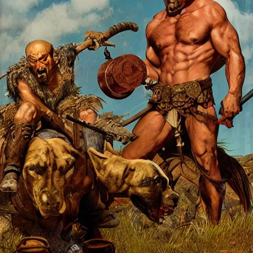 Image similar to grinning hybrid [ staffordshire terrier and man ] barbarian, fantasy warrior, drooling, rule of thirds, ultra detailed, 4 k, style of norman rockwell, style of richard corben.