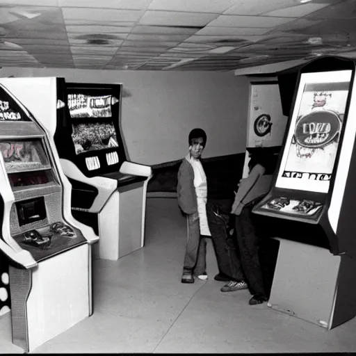 Image similar to geese playing arcade machines, 1 9 8 5