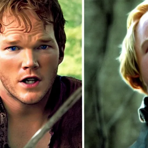 Image similar to Chris Pratt in the movie Harry Potter And The Prisoner Of Azkaban, dueling with Malfoy