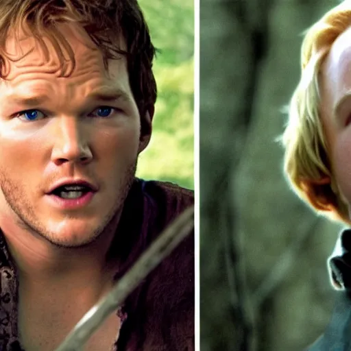 Prompt: Chris Pratt in the movie Harry Potter And The Prisoner Of Azkaban, dueling with Malfoy