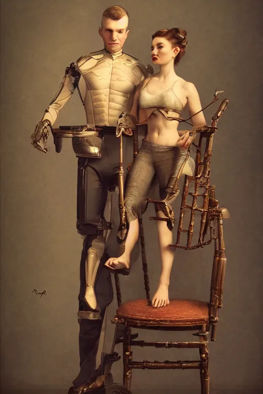 Image similar to a beautiful ultradetailed fine art old vintage couples portrait photo of cyborgs sitting on a chair and standing, by tom bagshaw and zach sutton, couples portrait, vignette, 35mm lens, golden ratio composition, studio photography, very detailed, humanoids, artstation, 8k, highly coherent