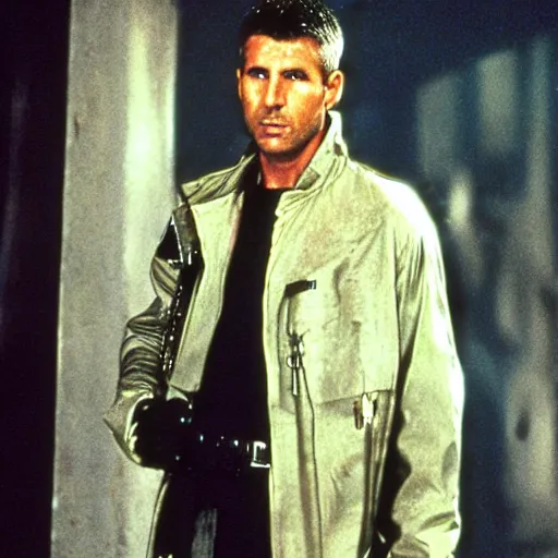 Image similar to film still blade runner Officer Deckard wearing techwear