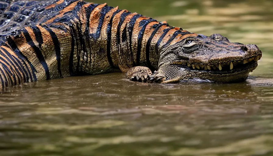 Image similar to an alligator tiger!!! hybrid! hyper realistic!! realistic lighting!! wildlife photographer of the year!!! bold natural colors, national geographic, hd, wide angle, 8 k