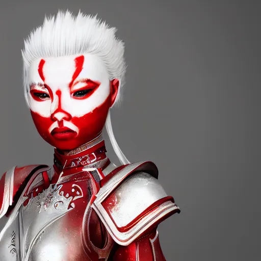 Prompt: beautiful albino Asian girl red and white armor, unreal engine octane, colorful, portrait, gliter, depth of field, 8k, epic light