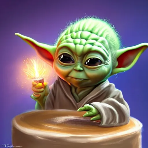 Image similar to (baby yoda) smashing his hand into his birthday cake with candles, mischievous, inquisitive, devious, hilarious, funny, by Tyler Edlin