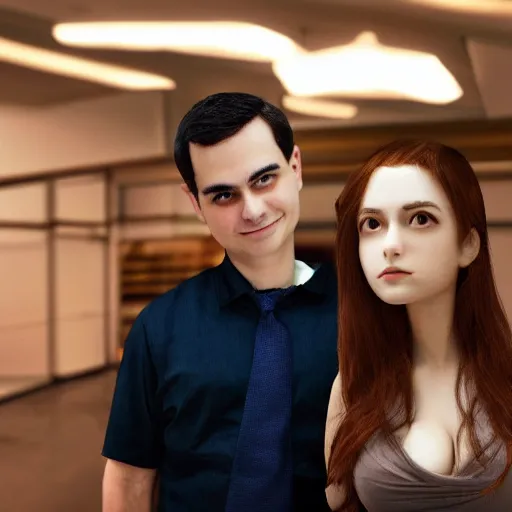 Prompt: cinematic shot epic portrait ben shapiro standing next to his anime girlfriend, hyper realistic, mood lighting, fantasy, detailed face, highly detailed, super realistic, perfect lighting