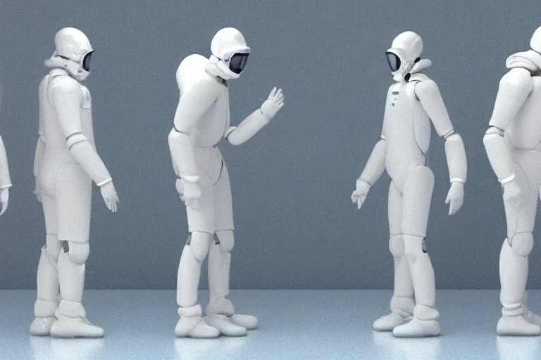 Image similar to man wearing hazmat suit in cleanroom large 3D printing humanoid plastic robot. by Roger Deakins