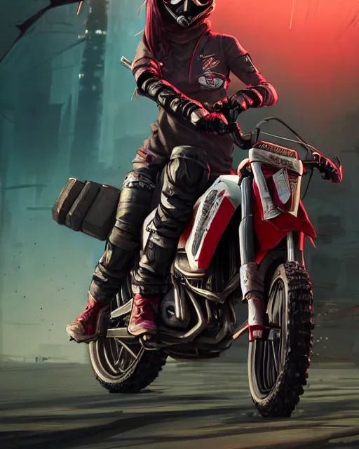 Prompt: female rouge assassin riding a dirt bike, wearing cyberpunk intricate streetwear, respirator, beautiful, detailed portrait, cell shaded, 4 k, vivid colours, concept art, by wlop, ilya kuvshinov, artgerm, krenz cushart, greg rutkowski, pixiv. cinematic dramatic atmosphere, sharp focus, volumetric lighting, cinematic lighting, studio quality