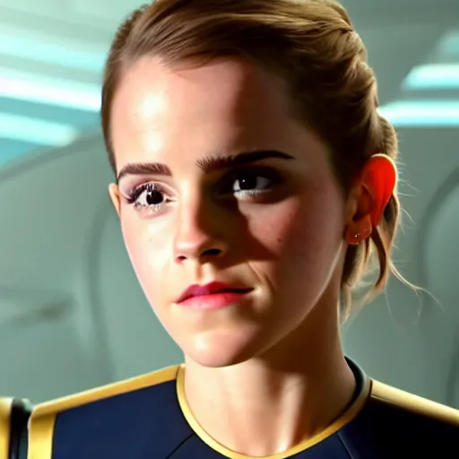 Image similar to Emma Watson in Star Trek, XF IQ4, f/1.4, ISO 200, 1/160s, 8K, Sense of Depth, color and contrast corrected, enhanced, Dolby Vision, symmetrical balance, in-frame