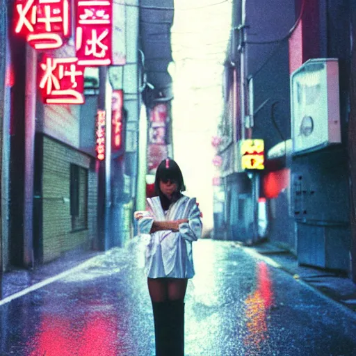 Image similar to 1990s perfect 8K HD professional cinematic photo of close-up japanese schoolgirl posing in dystopian alleyway with neon signs, at evening during rain, at instagram, Behance, Adobe Lightroom, with instagram filters, depth of field, taken with polaroid kodak portra