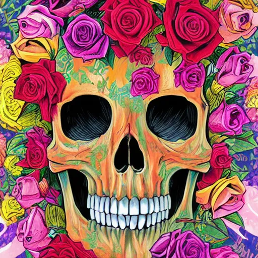 Prompt: large skull surrounded by vivid colorful roses, Jen Bartel, Dan Mumford, Satoshi Kon, gouache illustration