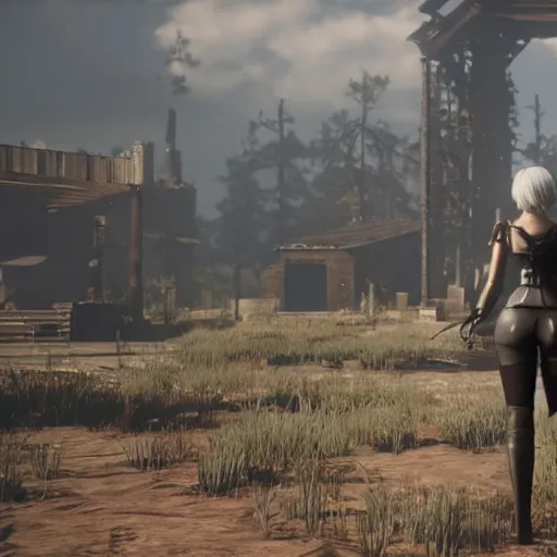 Prompt: Film still of 2B nier automata from Red Dead Redemption 2 (2018 video game)