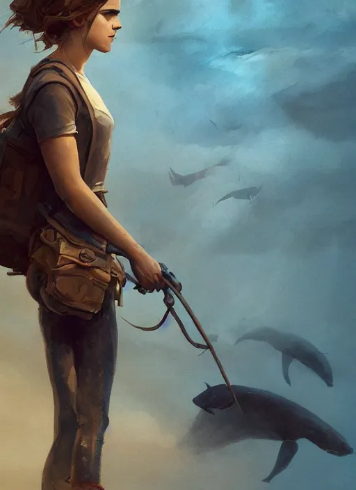 Image similar to hyper realistic photo of beautiful whalehunter emma watson, full body, rule of thirds, conceptart, saturated colors, cinematic, greg rutkowski, brom, james gurney, mignola, craig mullins, artstation, cgsociety