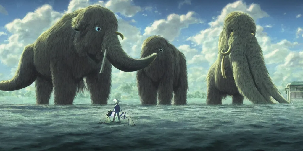 Image similar to a realistic cell - shaded studio ghibli concept art from paprika ( 2 0 0 6 ) of a giant wooly mammoth in a flooded futurist city on a misty starry night. very dull colors, wide shot, hd, 4 k, hq