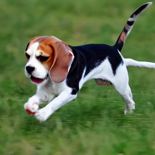 Prompt: a beagle chasing s mackerel cat