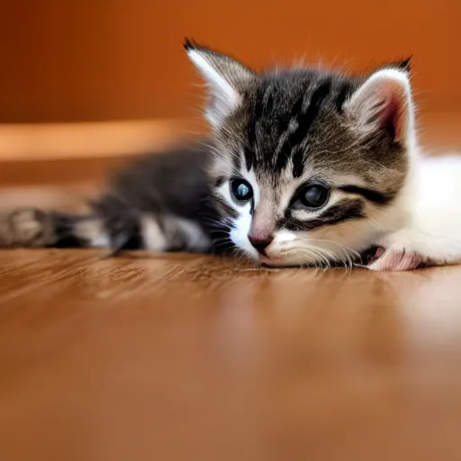 Prompt: a kitten lying on a floor