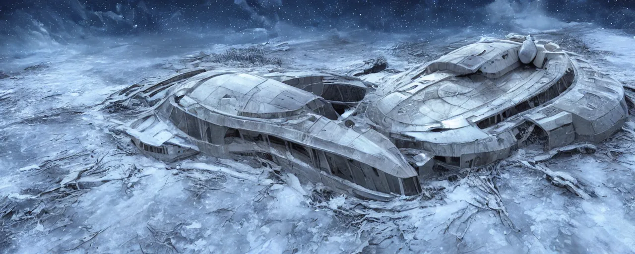 Image similar to abandoned starship in covered in snow, hyper detailed, ultra realistic