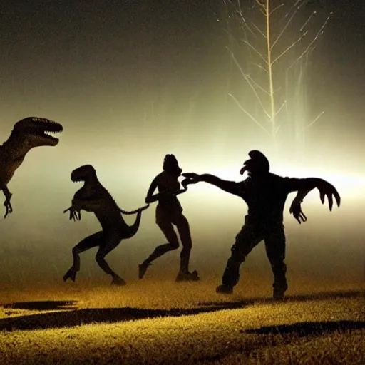 Prompt: action shot of dinosaurs playing sports while meteors streak across the sky leaving trails of fire, light fog, street lights, god rays, beautiful