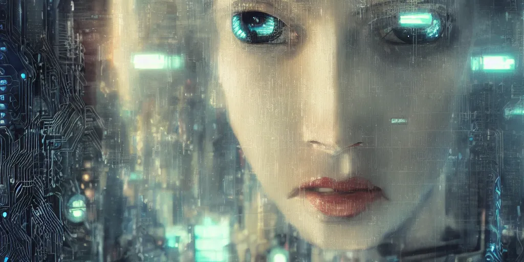 Image similar to a face covered in computer circuits, scifi, bladerunner, cyberpunk, very detailed eyes, 8 k resolution, by wlop, greg rutkowski