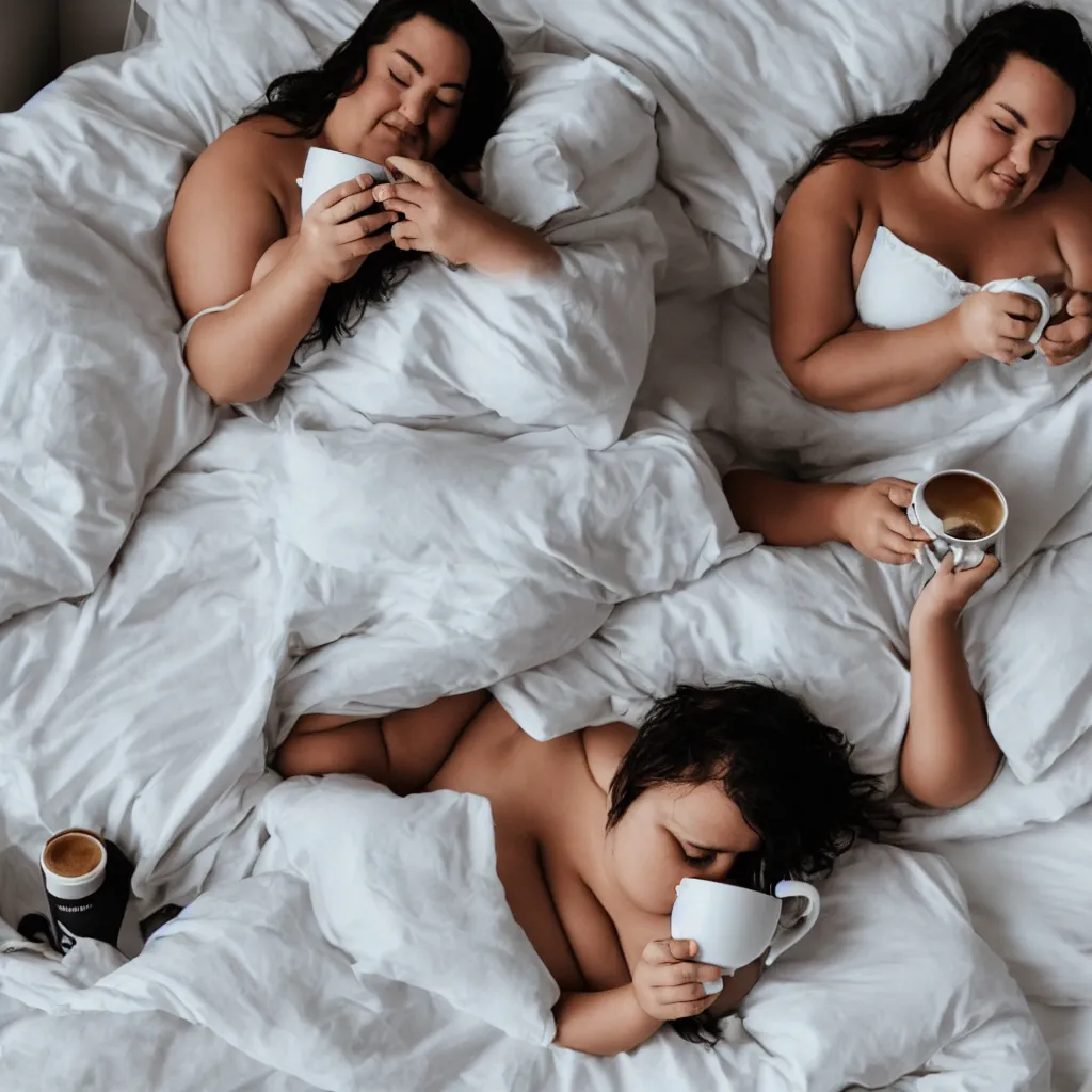 Image similar to a beautiful fat woman drinking coffee in a bed with white sheets drinking coffee