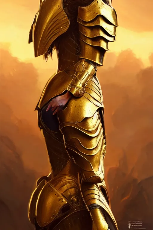 Image similar to professional digital art of a hyper realistic and highly detailed woman beautiful golden armor. accurate rending of one woman in armor. greg rutkowski, zabrocki, karlkka, jayison devadas, intricate, trending on artstation, 8 k, unreal engine 5, pincushion lens effect