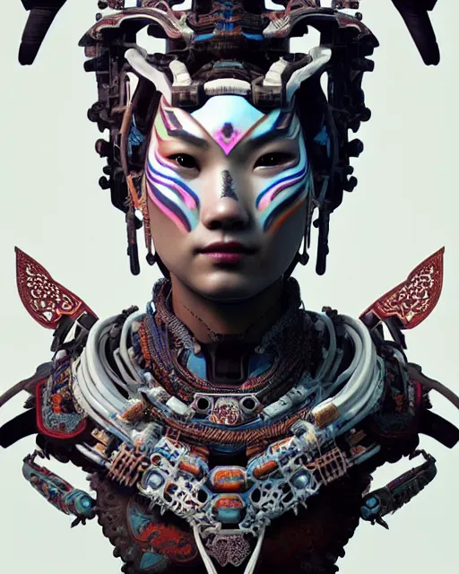 Image similar to portrait of a machine from horizon zero dawn, machine face, upper half portrait, decorated with chinese opera motifs, asian, bian lian, traditional chinese art, intricate, elegant, highly detailed, digital painting, artstation, concept art, smooth, sharp focus, illustration, art by artgerm and greg rutkowski and alphonse mucha, 8 k