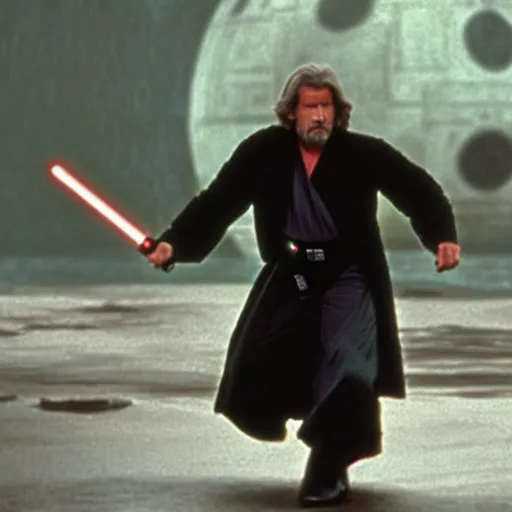 Image similar to “a Star Wars A New Hope movie shot, Jeff Bridges from The Big Lebowski as a Jedi levitating a bowling ball above a swamp on Dagobah” —W 1080