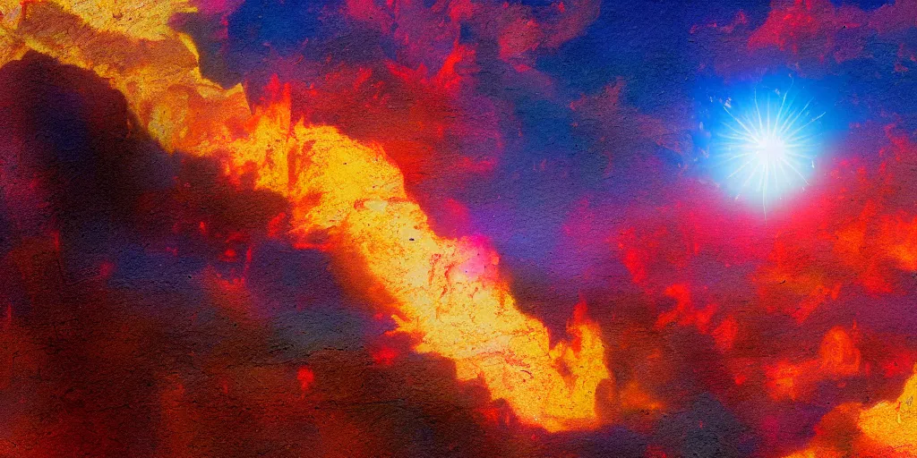 Image similar to a solar eclipse high above ancient babylon ablaze, a giant in the distance, thick impasto paint, double exposure, Chromatic Aberration