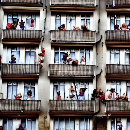 Image similar to some dwarfs are making some backward somersault from a balcony, photography