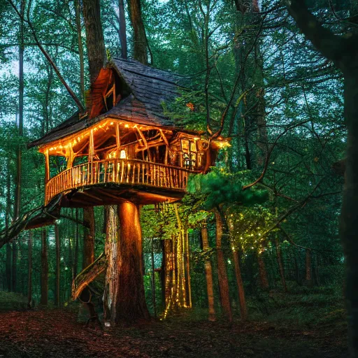 Prompt: a professional photograph of a treehouse in a forest covered in fairy lights, HD, high quality, highly detailed, award-winning