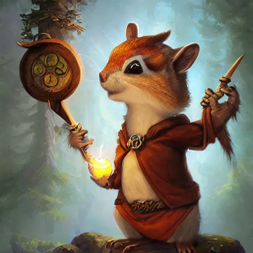 Prompt: anthropomorphic druidic chipmunk casting a spell, DnD character art portrait, matte fantasy painting, DeviantArt Artstation, by Jason Felix by Steve Argyle by Tyler Jacobson by Peter Mohrbacher, cinematic lighting