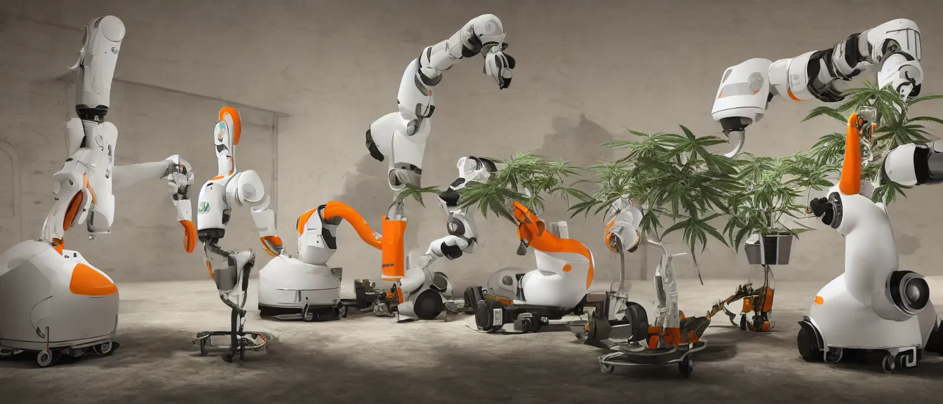 Prompt: three large white glossy kuka industrial robot harvesting a cannabis micro growery inside a fancy living room with retro modern furniture and decor, global illumination, artstation, fantasy, volumetric light