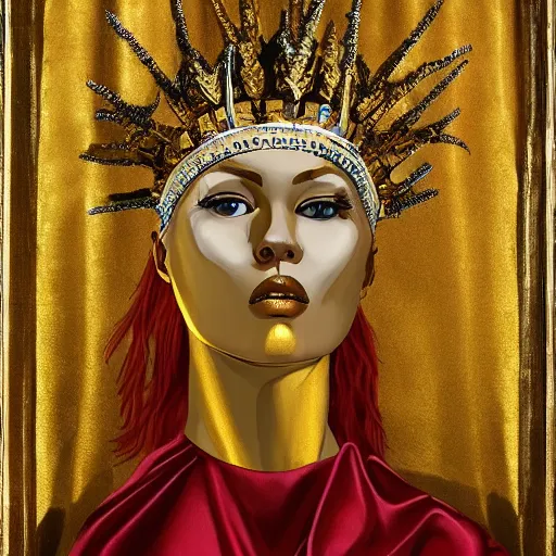 Prompt: the young sovereign of mars in the prime of her reign and the height of her power, looking to the side with fierce but kind eyes, dressed in white and gold robes and a golden laurel crown, inspired by roman emperors, abstract oil painting