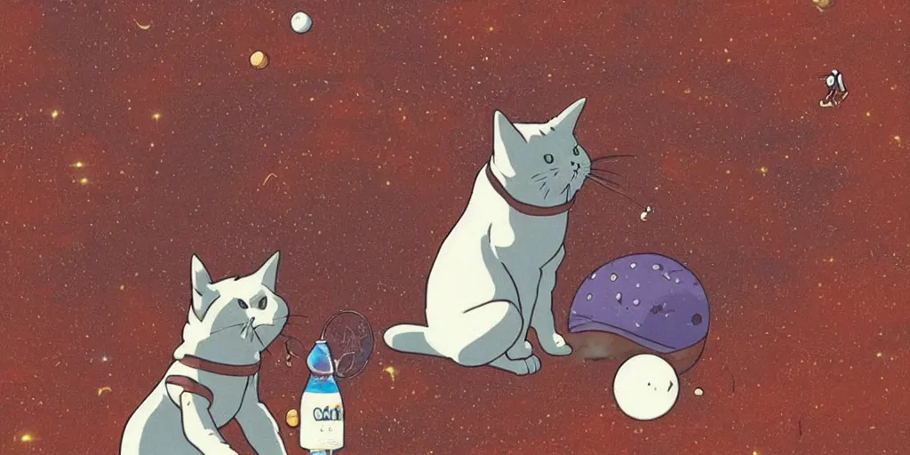 Image similar to space cat drinking cola while standing on basketball court on mars in style of hayao miyazaki