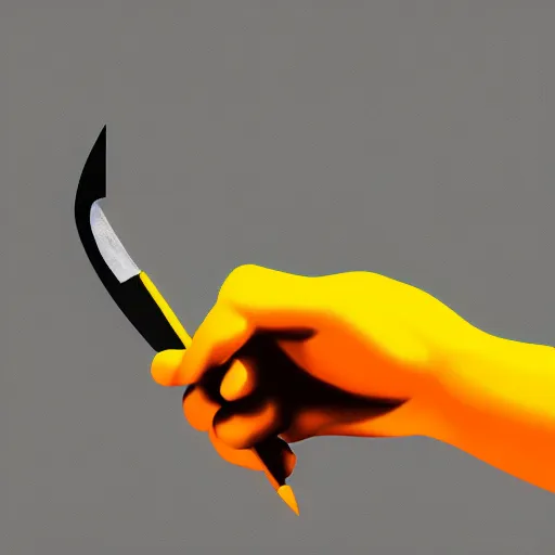 Image similar to pencil drawing of a hand holding a butcher knife dripping with sticky yellow residue, hand and knife are black and white