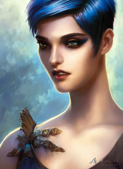 Image similar to girl with black and blue hair, pixie haircut, beautiful highly detailed face, complementary lighting, backlit, eyeshadow, grinning, adventure, alluring gaze, dramatic lighting, landscape background, beautiful painting by artgerm and greg rutkowski and raymond swanland